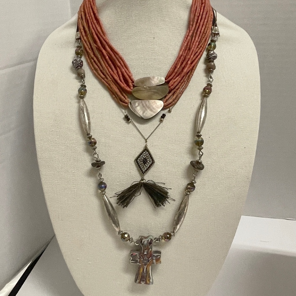 3 Vintage Boho Necklaces 1 Signed Marquet Bamboo Fringe Clay